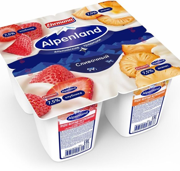 Йогурт Alpenland Сливочный Клубника Ананас 7.5% 95г БЗМЖ купить с доставкой в Канске