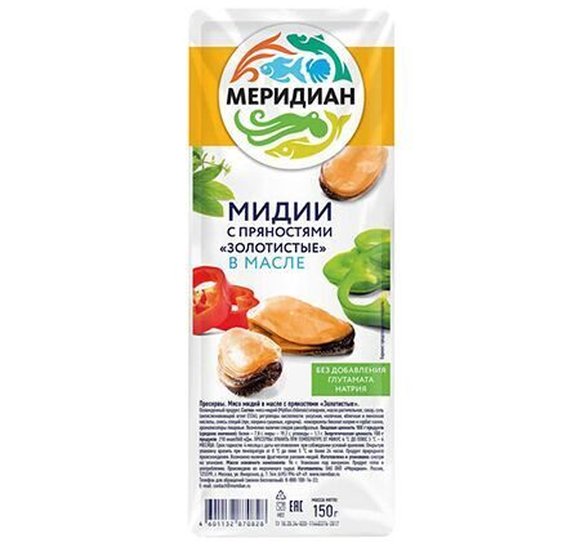 Мидии Меридиан в масле с пряностями Золотистые 150г купить с доставкой в Канске