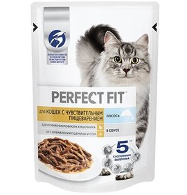Фото товара Корм Perfect Fit Лосось в соусе для кошек с чувствительным пищеварением 75г