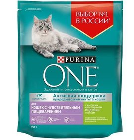 Фото товара Корм для кошек Purina One Индейка с рисом для чувствительных 750г